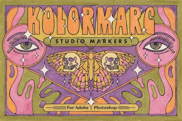 KolorMarc Markers for Photoshop 30款真实水彩马克笔特效绘画肌理涂鸦手绘插图ps笔刷插件设计素材