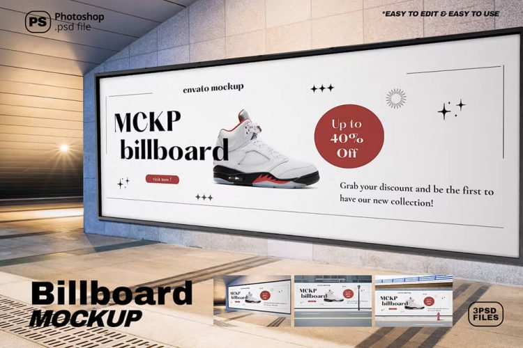 Wall Billboard Mockup 户外墙面巨幅宣传海报广告牌设计贴图ps展示样机素材国外设计模板