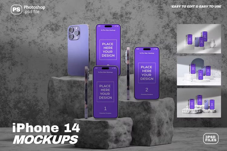 iPhone 14 Pro Max Podium Mockup 4款苹果14 Pro Max手机屏幕设计贴图多角度石台展示ps数码样机素材