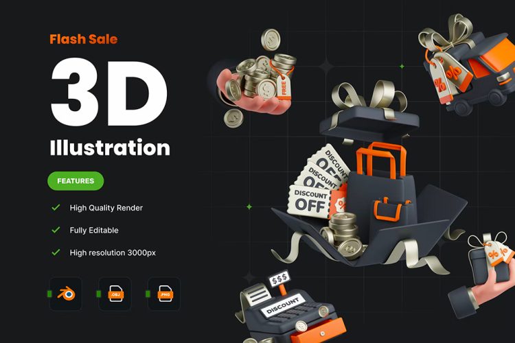 Flash Sale 3D Icon Set 25款现代3D渲染UI设计素材金融网上购物电商促销打折图标icon