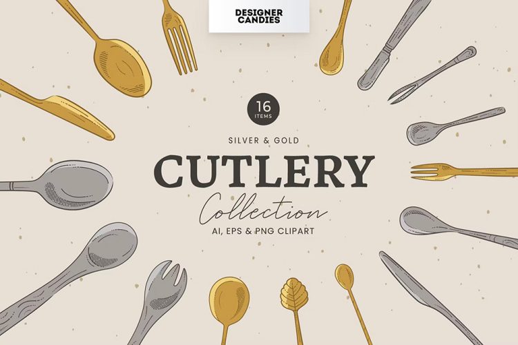 Cutlery Illustrations 餐刀餐叉汤勺西式餐具手绘矢量剪切图插图插画设计png免抠图片设计素材