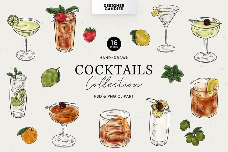 Cocktail Clipart Illustrations 16张酒吧鸡尾酒洋酒手绘矢量插画设计ps分层&png免抠图片国外设计素材