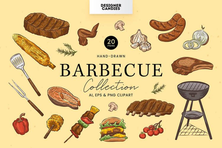 Barbecue BBQ Illustrations 烧烤派对手绘食材矢量插画图片png免扣图片设计素材20p