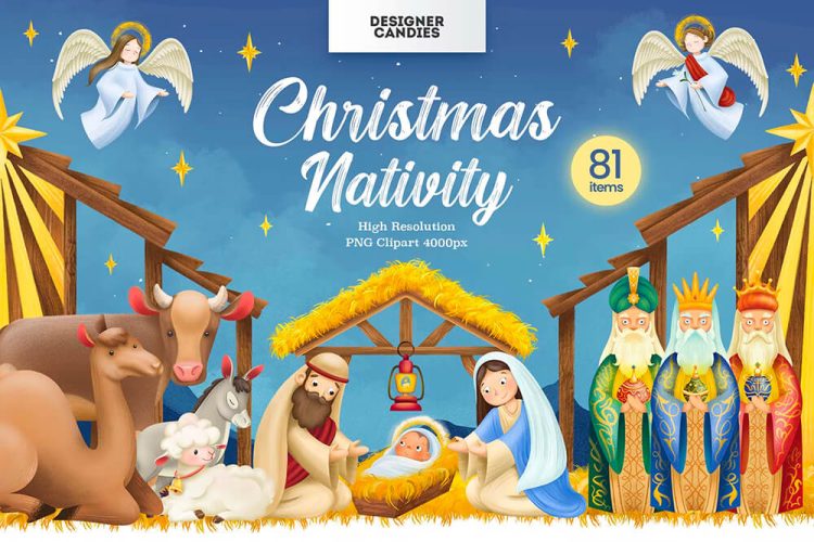 Christmas Nativity Clipart Illustrations 70幅基督教圣诞节剪切插图插画图案图片png免抠图国外设计素材