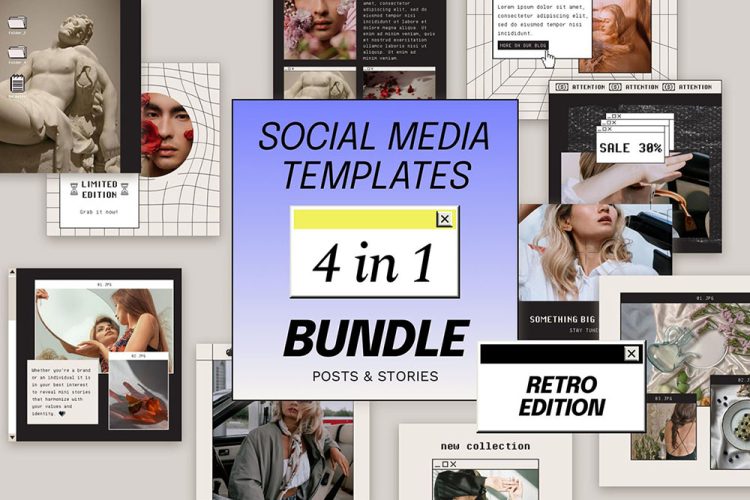 Instagram Retro Templates Bundle 4套win95潮流复古ins公众号推文海报排版设计ps版式素材模板合集