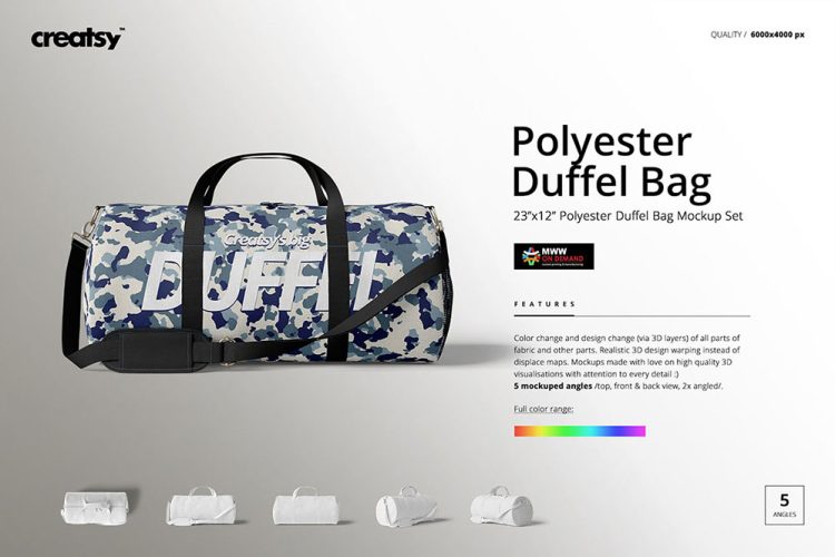 Duffel Bag Mockup Set 长筒形行李包健身包旅行手提包印花图案设计贴图ps样机素材模板