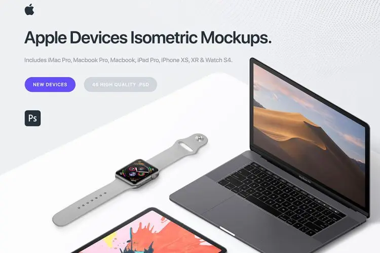 Apple 46 Devices Isometric Mockups 苹果智能设备2.5D等距视图ui界面设计贴图ps样机素材场景展示效果