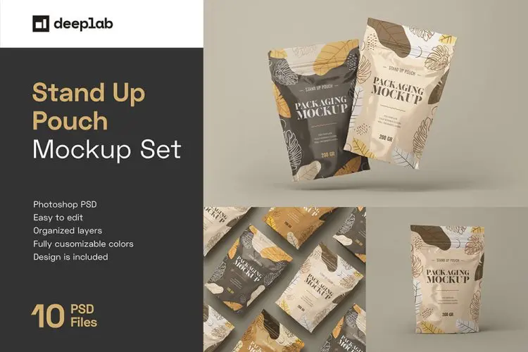Stand Up Pouch Mockup Set 铝箔食品自立袋自封袋食品包装袋设计贴图ps样机素材展示效果模板