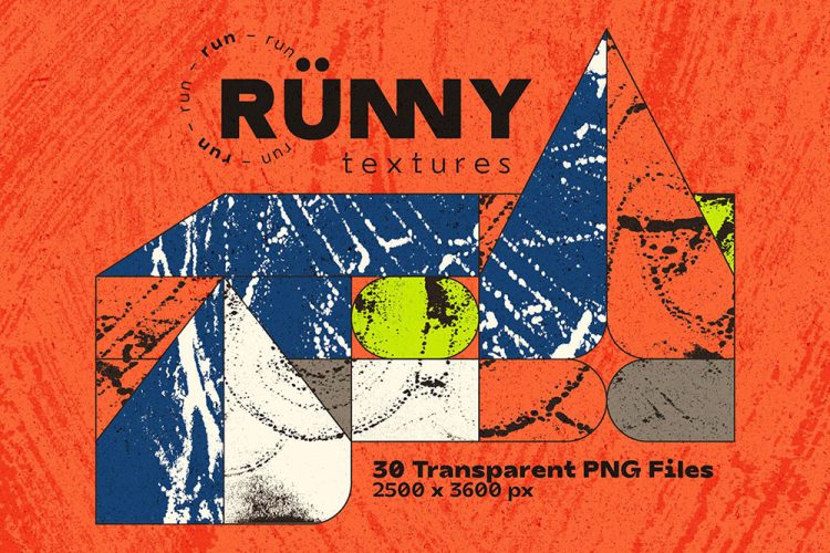 Runny 30 Transparent PNG Textures 30款创意潮流抽象水墨涂鸦手绘艺术肌理png免抠图片背景底纹素材