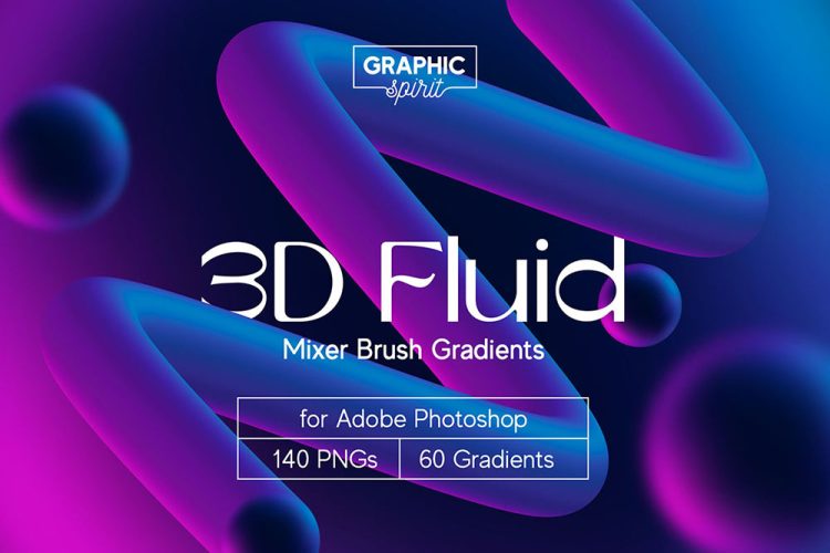 3D Fluid Mixer Brush Gradients 时尚潮流多彩创意3D流体渐变立体几何抽象图形ps笔刷插件设计素材