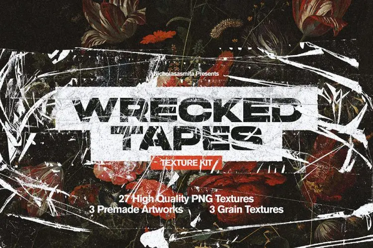 Wrecked Tapes Texture Kit 潮流复古做旧破损透明胶带褶皱薄膜包装纸背景底纹webp免抠素材