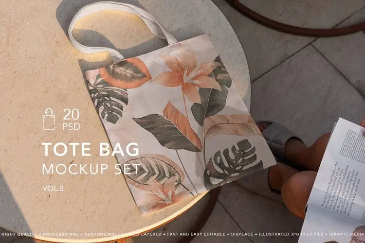Tote Bag MockUp Set vol.3 20款单肩帆布包手提袋托特包图案设计贴图ps样机素材场景展示效果