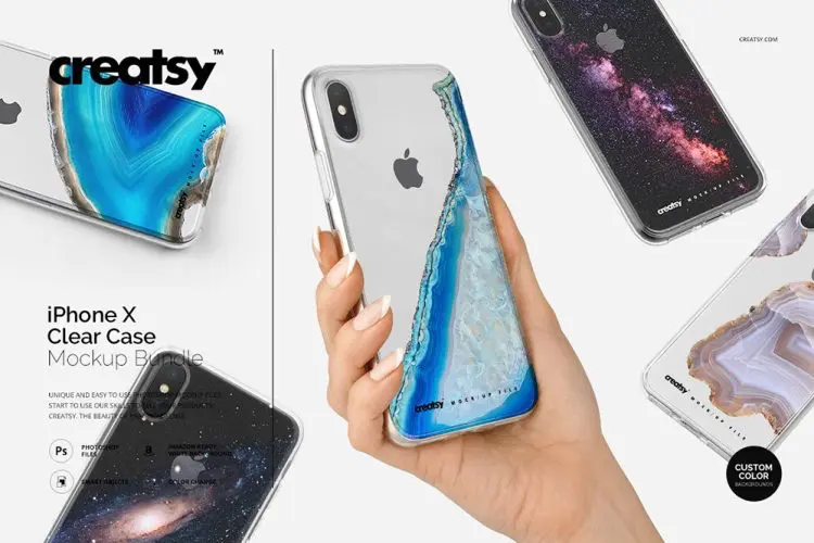 iPhone X Clear Case Mockup Bundle 苹果iPhone X 透明手机壳印花图案设计贴图ps样机素材场景展示效果