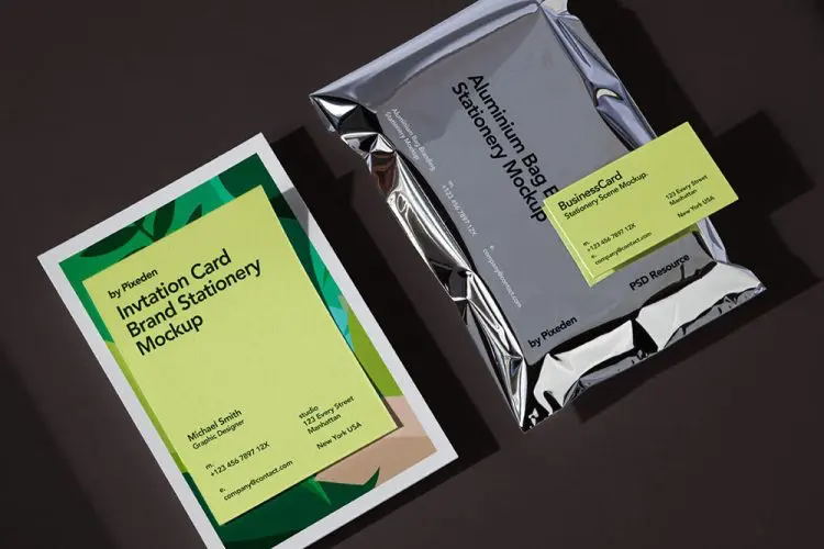 Aluminium Bag Psd Branding Mockup A4单页便签纸名片铝箔包装袋设计作品贴图ps样机素材场景展示效果