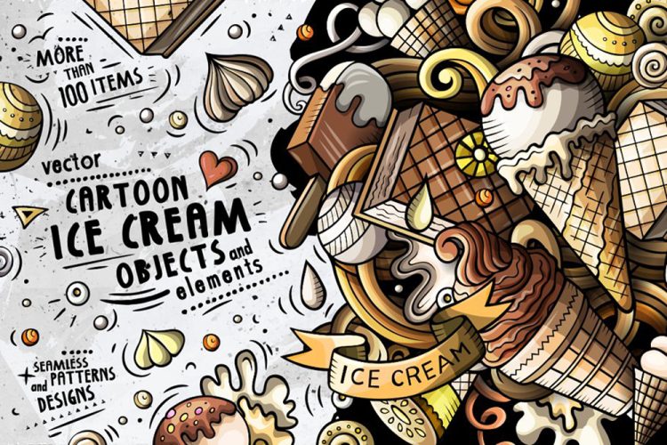 Ice Cream Cartoon Doodle Big Pack 潮流复古手绘涂鸦卡通冰淇淋冷饮甜品插画插图国外设计素材ai源文件