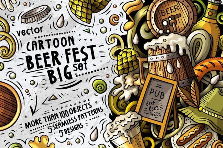 Beer Fest Cartoon Doodle Big Pack 美式啤酒节派对聚会狂欢卡通手绘涂鸦插画插图ai设计素材源文件