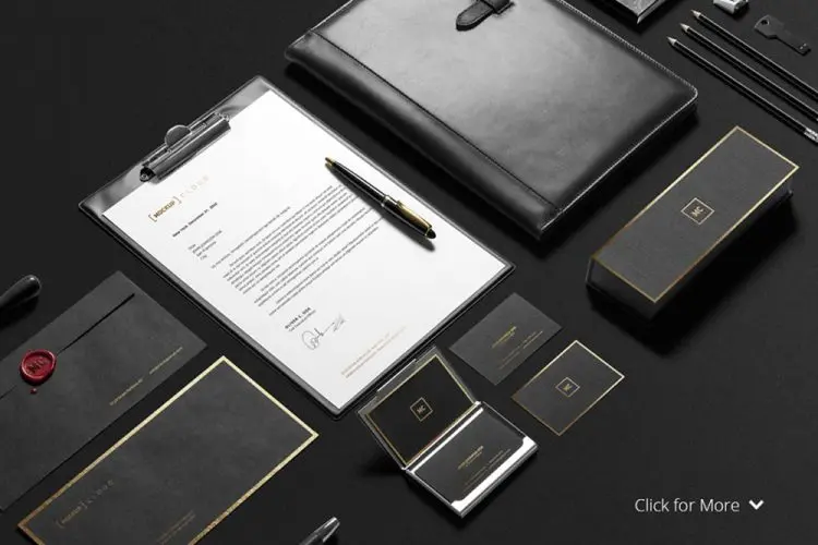 Premium Stationery Mock-Up 黑色烫金质感信封信纸名片品牌vi应用设计贴图ps样机素材展示模板