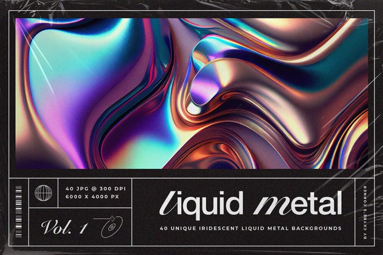 Liquid Metal Iridescent Pack 40款未来科幻液态金属液体扭曲彩虹渐变海报背景底纹图片设计素材