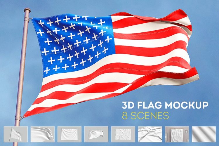 3D Flag Mockup 3D国旗旗帜多角度模拟效果展示样机