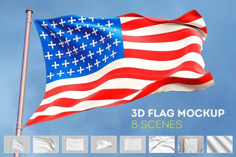 3D Flag Mockup 3D国旗旗帜多角度模拟效果展示样机
