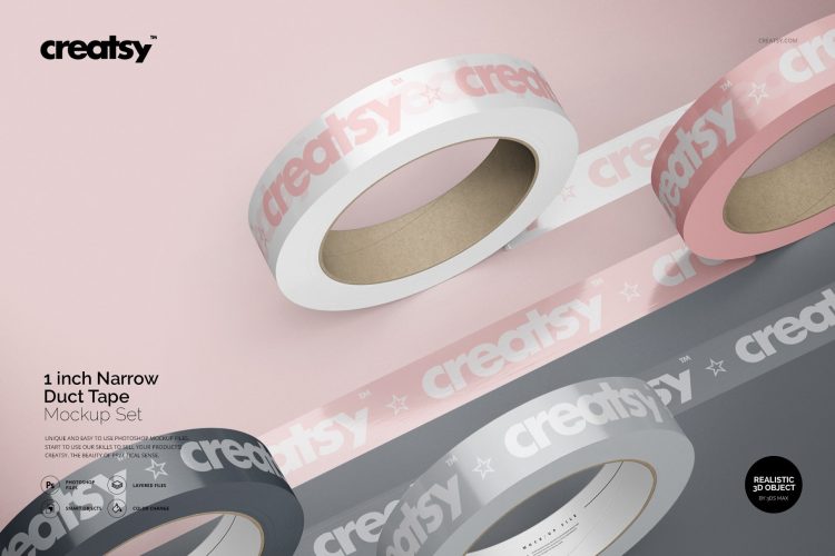 One Inch Narrow Duct Tape Mockup Set 包装打包封口胶带文具封箱带品牌logo贴图ps样机素材展示效果模板