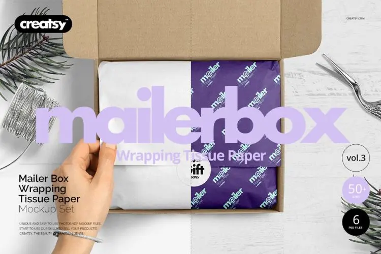 Mailing wrapping tissue paper mockup 快递物流打包牛皮纸盒包装纸印花图案设计贴图ps样机素材国外设计模板