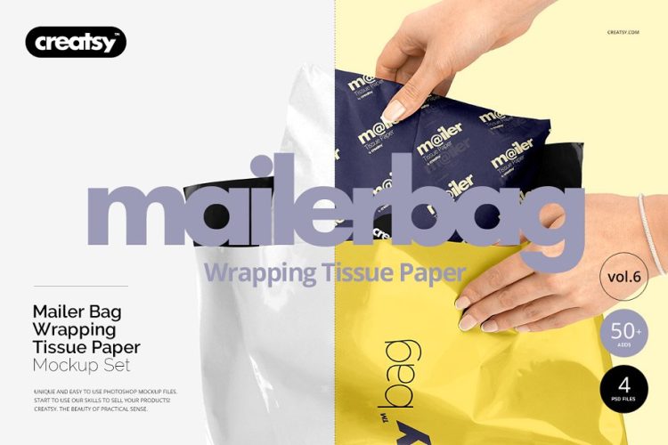 Mailer Bag Wrapping Tissue Paper Mockup Set 邮寄包裹包装纸样机展示效果素材