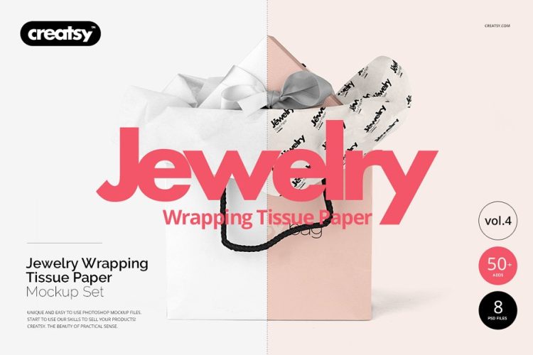 Jewelry Wrapping Tissue Paper Mockup Set 精品店珠宝礼物礼盒包装袋印花图案设计贴图ps样机素材国外设计模板