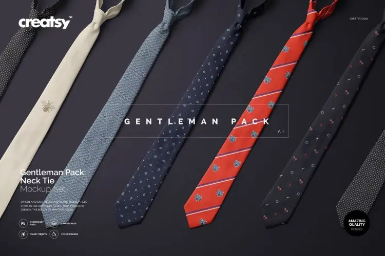Gentelman pack v.1 tie mockup set 男绅士正装西装韩版商务领带印花图案设计贴图ps样机素材国外设计模板