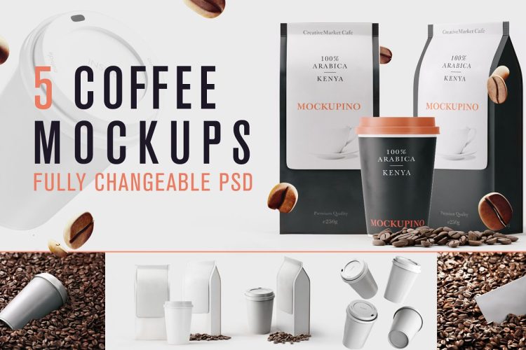 Set of Coffee MockUps 咖啡品牌产品包装纸杯咖啡豆vi应用设计贴图ps样机素材国外设计模板