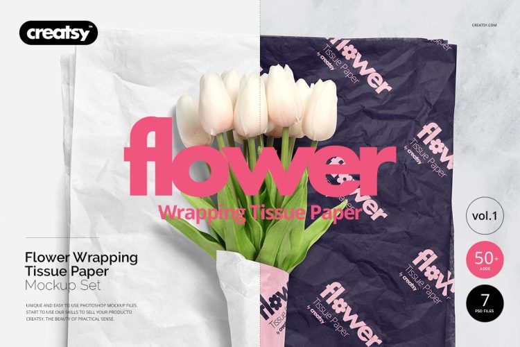 Flower wrapping paper mockup 花店花艺鲜花韩式手工包装纸印花图案设计贴图ps样机素材国外设计模板