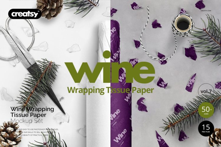 Wrapping Paper Wine Bottle Mockup 红酒酒瓶包装纸样机展示样机