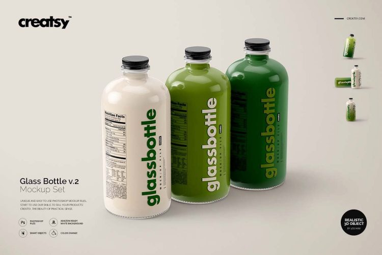 Glass Bottle Mockup Set v.2  牛奶矿泉水果汁瓶装效果展示样机