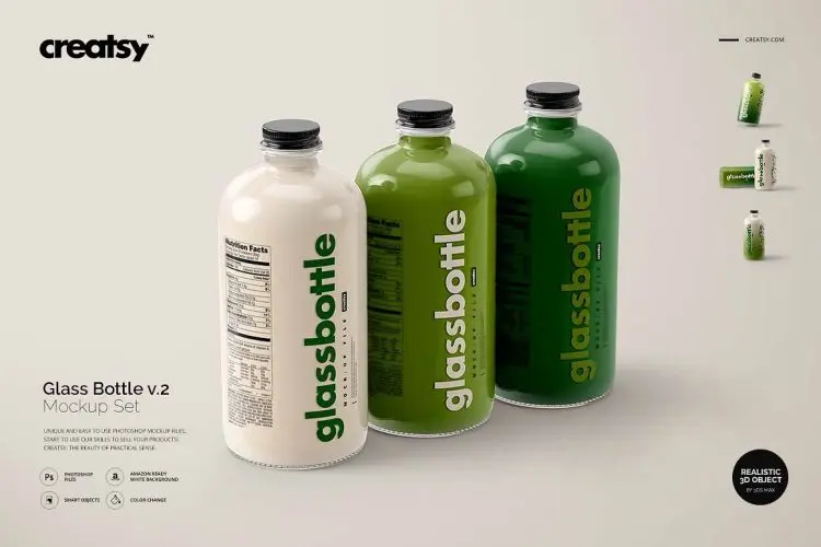 Glass Bottle Mockup Set v.2 牛奶矿泉水果汁瓶装效果展示样机