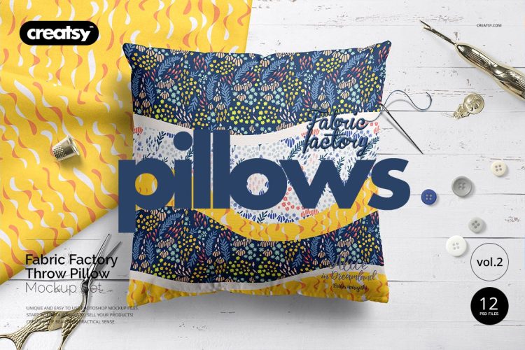 Fabric Factory vol.2 Pillow Mockup 方形抱枕靠枕裁缝抱枕靠垫枕头印花图案设计贴图ps样机素材模板