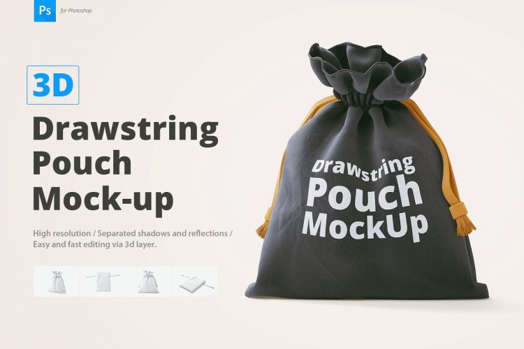 Drawstring Pouch Mock-Up 帆布束口袋抽绳收纳袋logo印花图案设计贴图ps样机素材国外设计模板