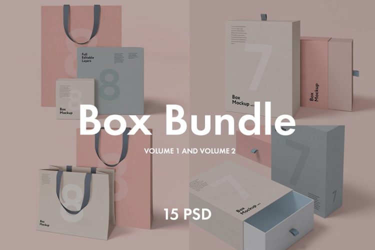 Box and Bag Mockup Bundle 15psd 15款纸袋购物袋礼品盒套装包装空白贴图ps样机素材国外设计mockup模板