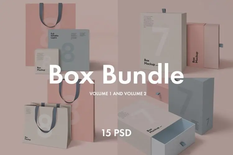 Box and Bag Mockup Bundle 15psd 15款纸袋购物袋礼品盒套装包装空白贴图ps样机素材国外设计mockup模板