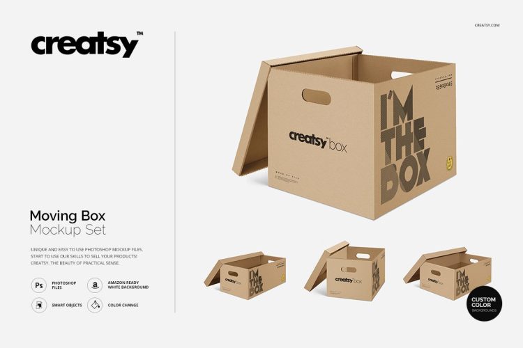 Moving Box Mockup Set 多规格牛皮纸打包快递纸箱logo设计贴图产品包装ps样机素材展示效果模板