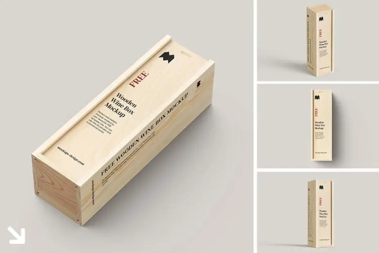Free Wooden Wine Box Mockup 4款可商用极简木质酒箱葡萄酒包装木盒设计展示样机