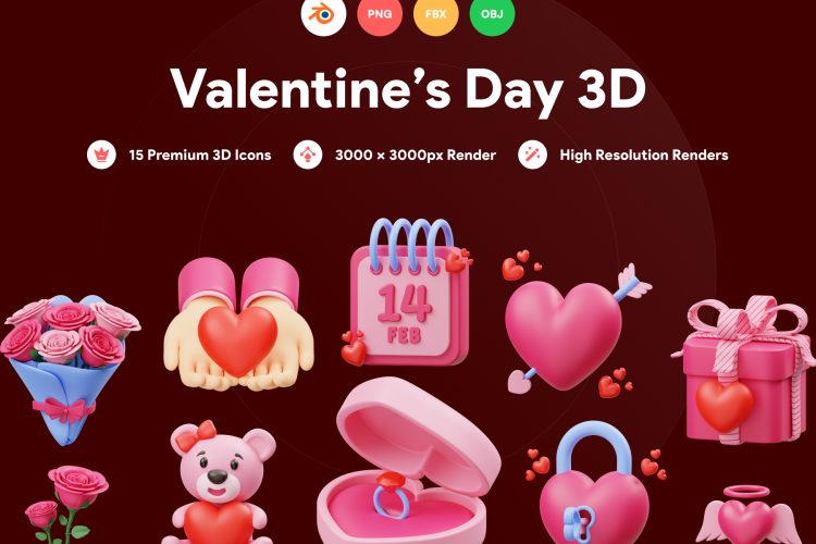 Valentines 3D Illustration 15款情人节复古3D爱心小熊戒指玫瑰蛋糕求婚图标趣味插画模型套装