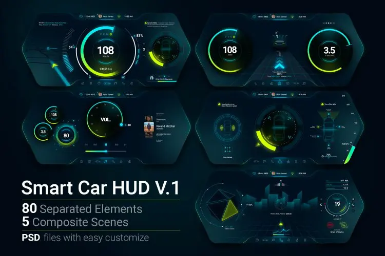 Smart Car HUD V.1  5款智能汽车可视化HUD赛博科技数据化科幻仪表盘图案元素形状背景设计