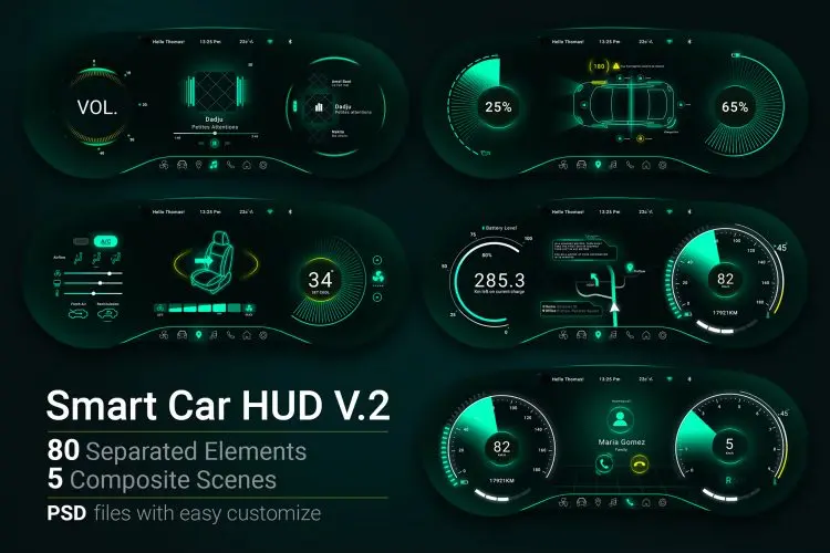 Smart Car HUD V.2  5款智能汽车可视化HUD赛博科技雷达扫描霓虹发光数据化科幻仪表盘图案元素形状背景设计