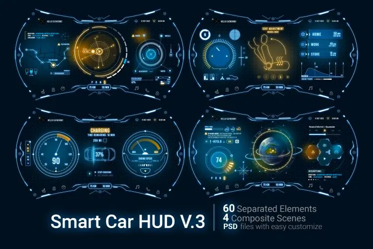 Smart Car HUD V.3  4款未来科幻新能源智能汽车仪表盘屏幕HUD概念车机UI组件设计模版