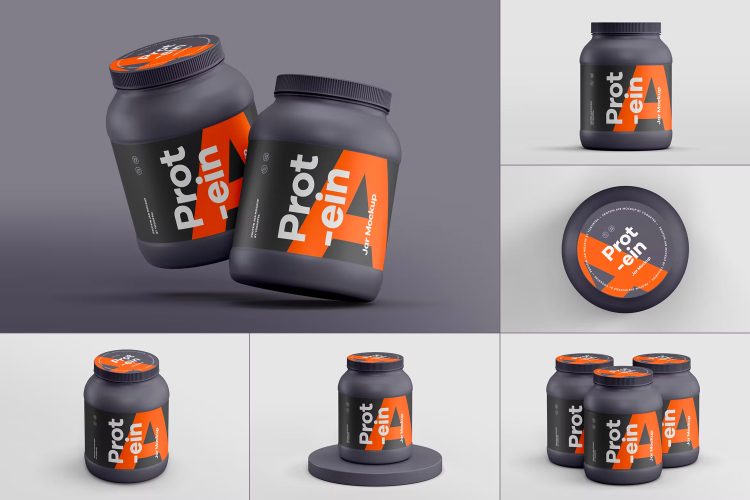 Protein Jar Mockup 健身锻炼蛋白质粉密封罐产品包装设计作品贴图ps样机素材展示模板