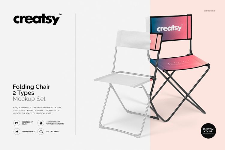 Folding Chair 2 Types Mockup Set 2款简易便携户外折叠椅logo印花图案设计贴图ps样机素材国外设计模板