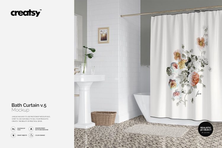 Bath Curtain Mockup v.5 卫生间浴室浴缸挂帘浴帘印花图案设计贴图ps样机素材国外设计模板