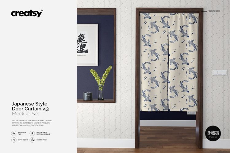 Door Curtain Mockup Set v.3 日式挂帘门帘半帘纹样印花图案设计贴图ps样机素材国外设计模板