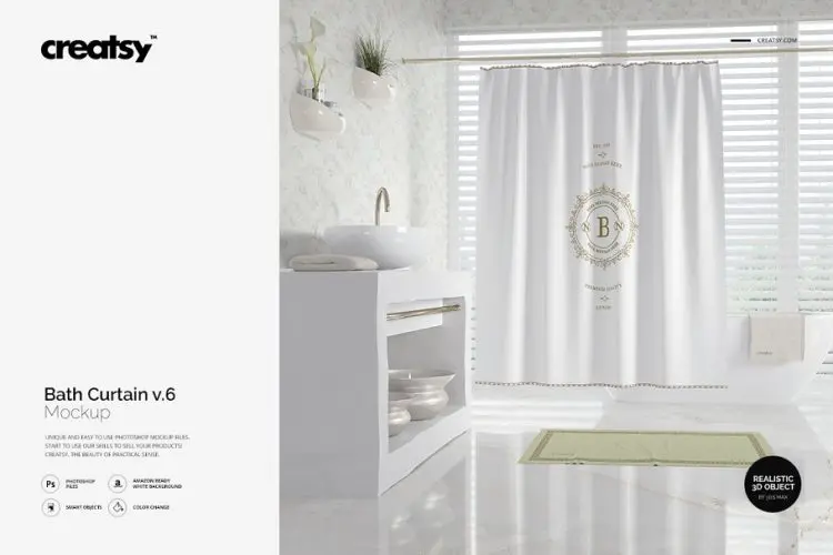 Bath Curtain Mockup v6 卫生间浴室浴缸挂帘浴帘印花图案设计贴图ps样机素材国外设计模板