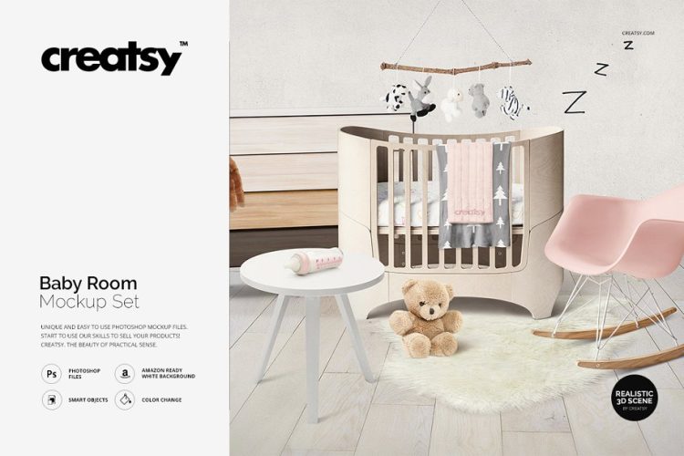 Baby Room Mockup 婴儿床儿童房场景模拟效果展示ps样机素材国外设计模板